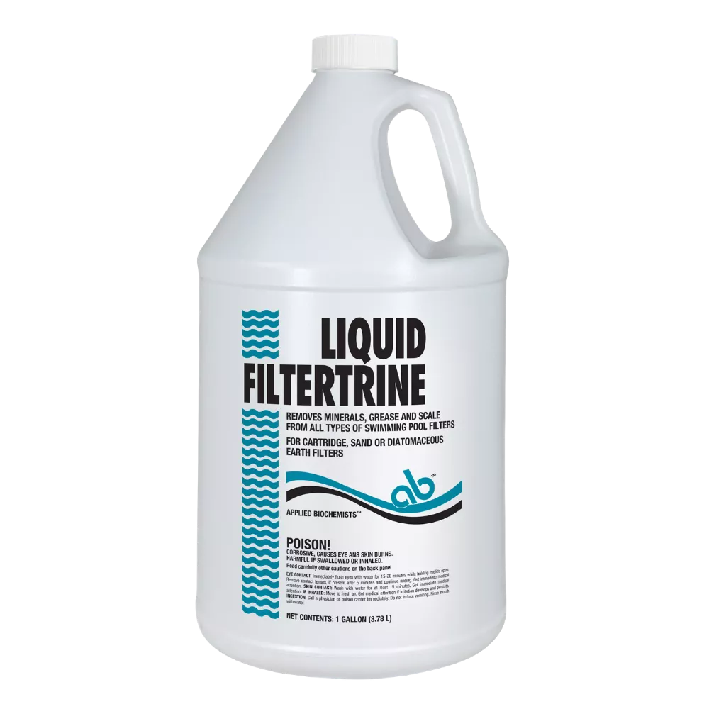 A 1-gallon white jug of Liquid Filtertrine pool filter cleaner with cyan blue wavy graphics.