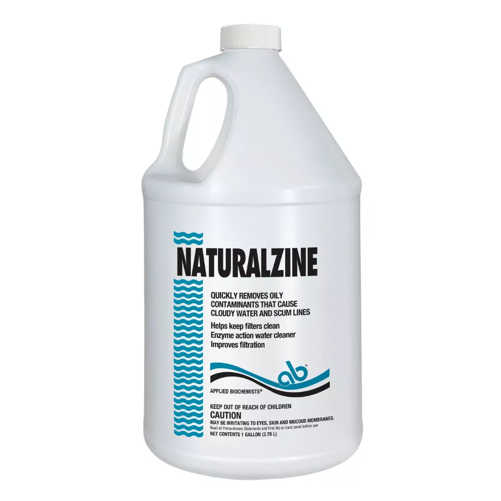 A 1-gallon white jug of Naturalzine enzyme action water cleaner with cyan blue wavy graphics.