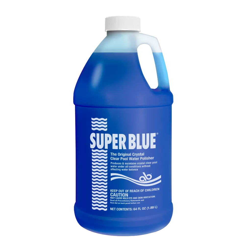 A 64 fl. oz. translucent bottle filled with blue Super Blue® pool water polisher featuring white branding and wave graphics.