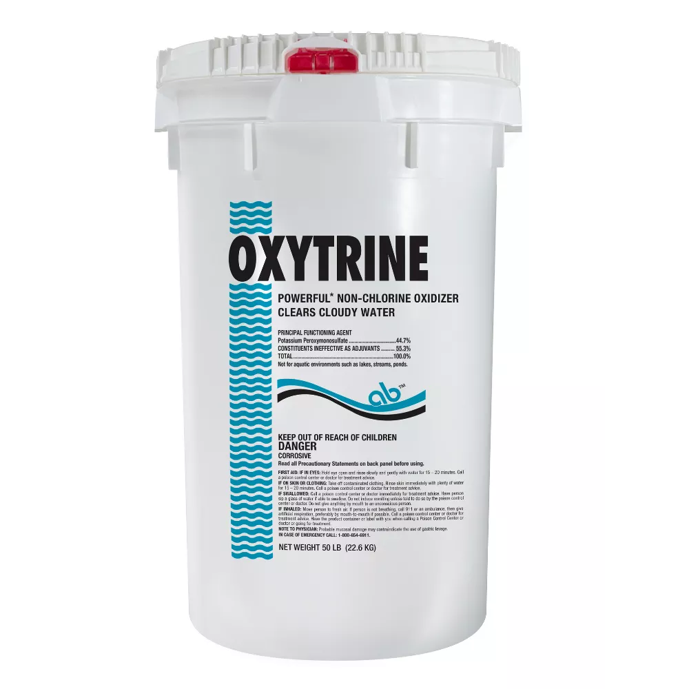 A 50 lb. white plastic pail of Oxytrine non-chlorine pool oxidizer featuring a red locking latch and vertical blue wave graphics.